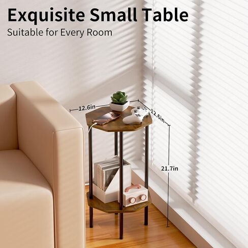 Side Table, Octagonal End Table for Small Spaces,Nightstand with 2 Storage Shelves,Small Table Stand for Bedroom, Living Room, Outdoor Balcony(Brown) in Saudi Arabia