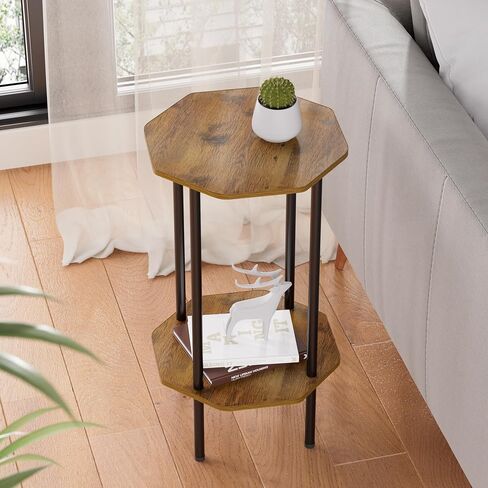 Side Table, Octagonal End Table for Small Spaces,Nightstand with 2 Storage Shelves,Small Table Stand for Bedroom, Living Room, Outdoor Balcony(Brown) in Saudi Arabia
