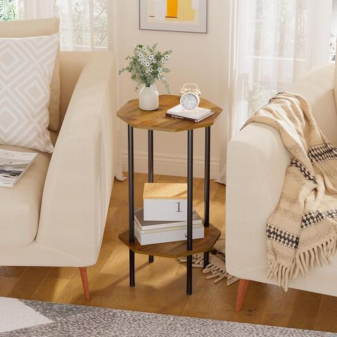 Side Table, Octagonal End Table for Small Spaces,Nightstand with 2 Storage Shelves,Small Table Stand for Bedroom, Living Room, Outdoor Balcony(Brown) in Saudi Arabia