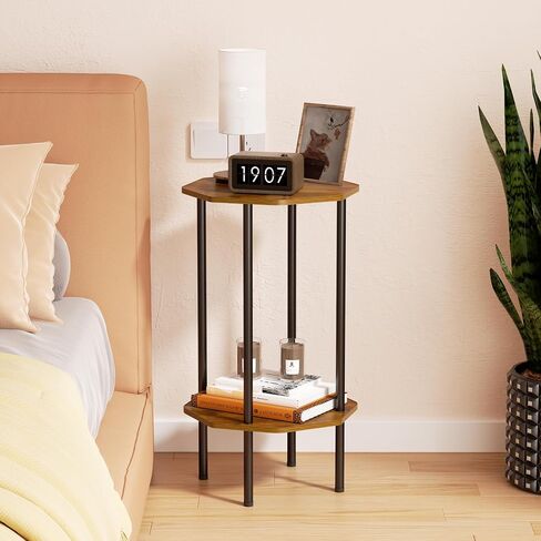 Side Table, Octagonal End Table for Small Spaces,Nightstand with 2 Storage Shelves,Small Table Stand for Bedroom, Living Room, Outdoor Balcony(Brown) in Saudi Arabia