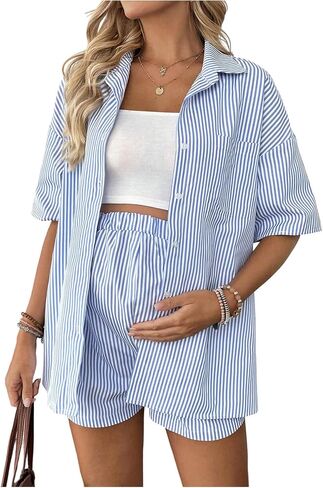 MakeMeChic Women's Maternity Outfits Striped Button Down Shirt and Shorts Pregnancy Set in Saudi Arabia