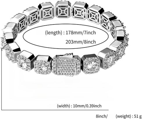 18K White Gold Moissanite Baguette Tennis Bracelet，10mm Geometric Design，8 Inch Fashion Jewelry Gift for All in Kuwait
