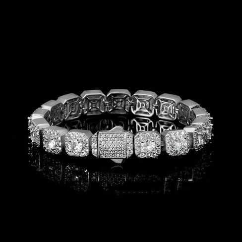 18K White Gold Moissanite Baguette Tennis Bracelet，10mm Geometric Design，8 Inch Fashion Jewelry Gift for All in Kuwait