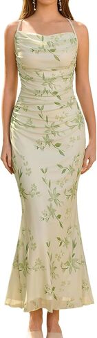 Women's Summer Floral Spaghetti Strap Maxi Dress Sleeveless Ruched Mesh Bodycon Long Wedding Guest Dresses in Saudi Arabia