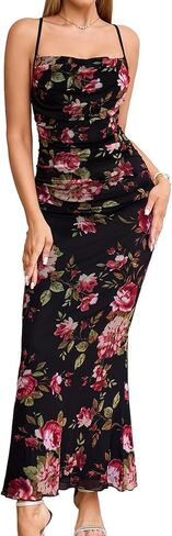 Women's Summer Floral Spaghetti Strap Maxi Dress Sleeveless Ruched Mesh Bodycon Long Wedding Guest Dresses in Saudi Arabia