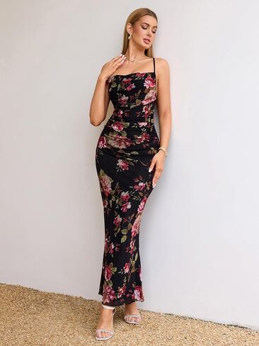 Women's Summer Floral Spaghetti Strap Maxi Dress Sleeveless Ruched Mesh Bodycon Long Wedding Guest Dresses in Saudi Arabia