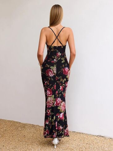 Women's Summer Floral Spaghetti Strap Maxi Dress Sleeveless Ruched Mesh Bodycon Long Wedding Guest Dresses in Saudi Arabia