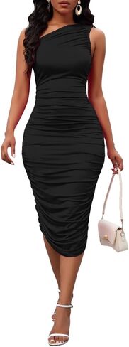 Women's Sexy One Shoulder Dresses Sleeveless Party Club Ruched Cocktail Wedding Guest Bodycon Midi Dress in Kuwait