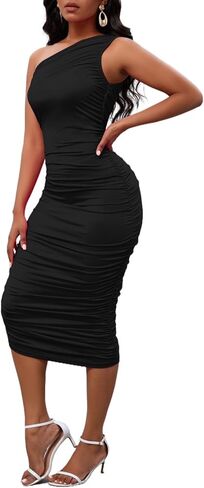 Women's Sexy One Shoulder Dresses Sleeveless Party Club Ruched Cocktail Wedding Guest Bodycon Midi Dress in Kuwait