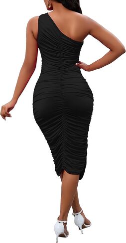 Women's Sexy One Shoulder Dresses Sleeveless Party Club Ruched Cocktail Wedding Guest Bodycon Midi Dress in Kuwait