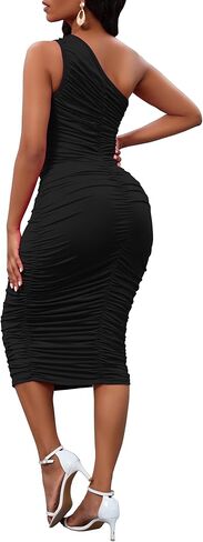 Women's Sexy One Shoulder Dresses Sleeveless Party Club Ruched Cocktail Wedding Guest Bodycon Midi Dress in Kuwait