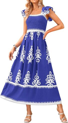 BTFBM Summer Dresses for Women 2025 Floral Smocked Boho Sleeveless Square Neck A Line Casual Beach Maxi Dress Pockets in Kuwait