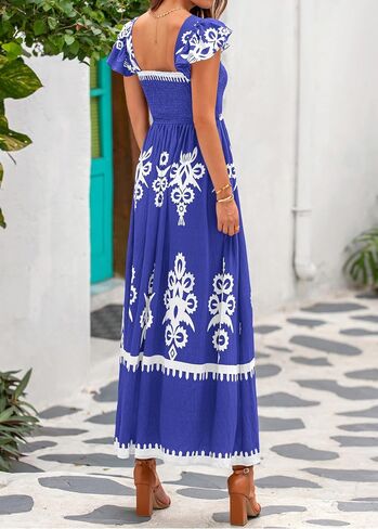 BTFBM Summer Dresses for Women 2025 Floral Smocked Boho Sleeveless Square Neck A Line Casual Beach Maxi Dress Pockets in Kuwait