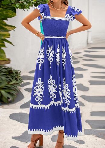BTFBM Summer Dresses for Women 2025 Floral Smocked Boho Sleeveless Square Neck A Line Casual Beach Maxi Dress Pockets in Kuwait