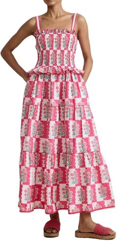 Women Summer Boho Tie Shoulder Dress Y2k Floral Smocked Flowy Long Dress Ruffle Tiered Beach Vocation Sundress in Kuwait