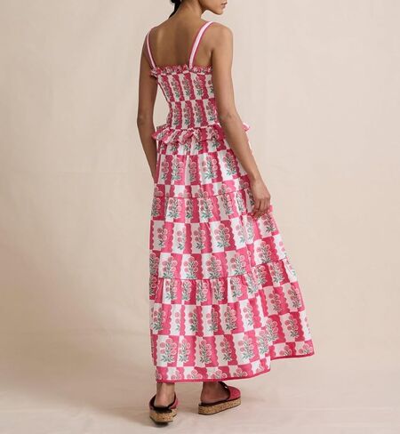 Women Summer Boho Tie Shoulder Dress Y2k Floral Smocked Flowy Long Dress Ruffle Tiered Beach Vocation Sundress in Kuwait