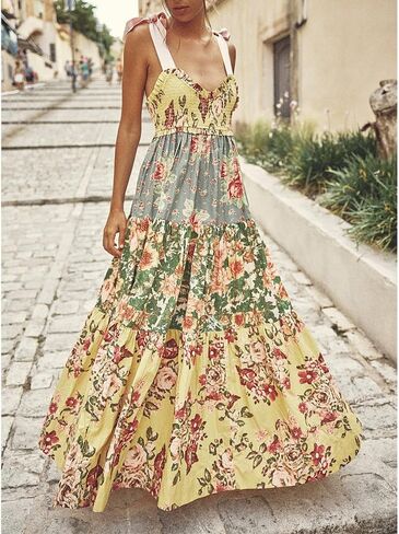 Women Floral Boho Sundress Tie Shoulder Smocked Patchwork Flowy Maxi Dresses with Pockets Summer Fall in Saudi Arabia