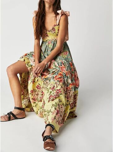 Women Floral Boho Sundress Tie Shoulder Smocked Patchwork Flowy Maxi Dresses with Pockets Summer Fall in Saudi Arabia
