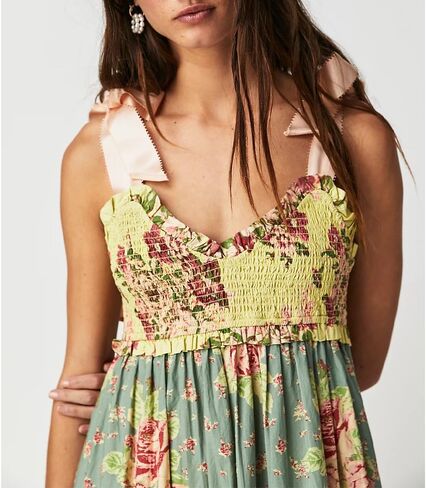 Women Floral Boho Sundress Tie Shoulder Smocked Patchwork Flowy Maxi Dresses with Pockets Summer Fall in Saudi Arabia