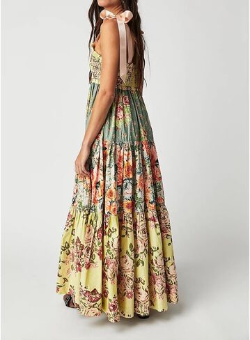 Women Floral Boho Sundress Tie Shoulder Smocked Patchwork Flowy Maxi Dresses with Pockets Summer Fall in Saudi Arabia