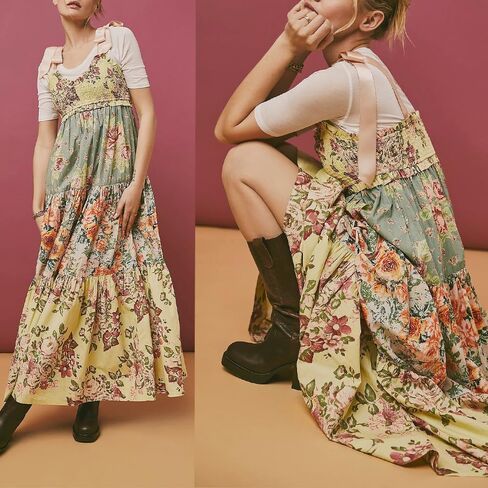 Women Floral Boho Sundress Tie Shoulder Smocked Patchwork Flowy Maxi Dresses with Pockets Summer Fall in Saudi Arabia