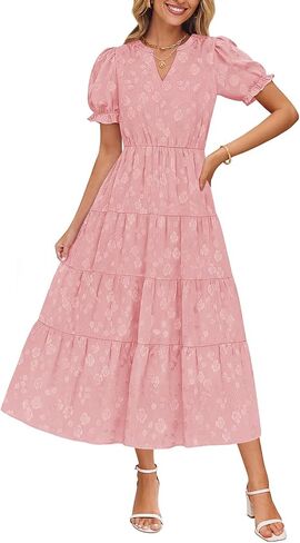 Zesica Womens 2025 Summer Puff Short Sleeve Midi Dress Floral V الرقبة مزخرفة in Kuwait