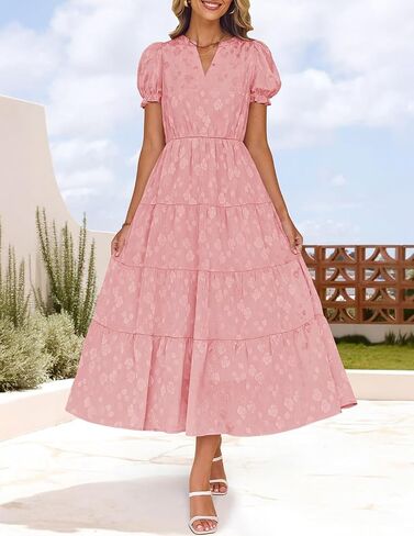 Zesica Womens 2025 Summer Puff Short Sleeve Midi Dress Floral V الرقبة مزخرفة in Kuwait