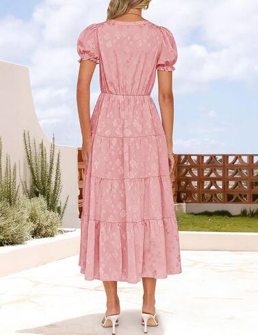 Zesica Womens 2025 Summer Puff Short Sleeve Midi Dress Floral V الرقبة مزخرفة in Kuwait