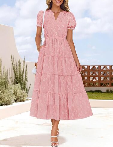 Zesica Womens 2025 Summer Puff Short Sleeve Midi Dress Floral V الرقبة مزخرفة in Kuwait