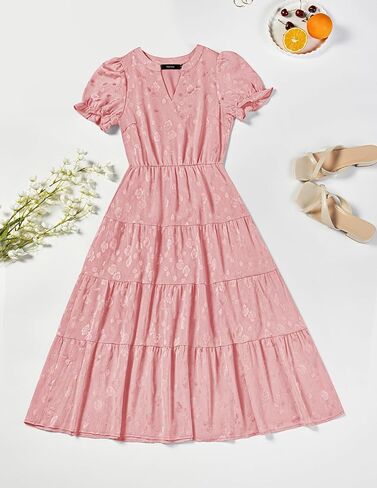 Zesica Womens 2025 Summer Puff Short Sleeve Midi Dress Floral V الرقبة مزخرفة in Kuwait