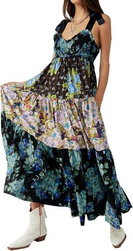 Women Floral Boho Sundress Tie Shoulder Smocked Patchwork Flowy Maxi Dresses with Pockets Summer Fall in Saudi Arabia
