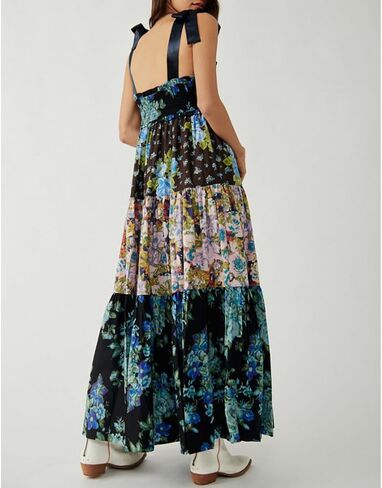 Women Floral Boho Sundress Tie Shoulder Smocked Patchwork Flowy Maxi Dresses with Pockets Summer Fall in Saudi Arabia