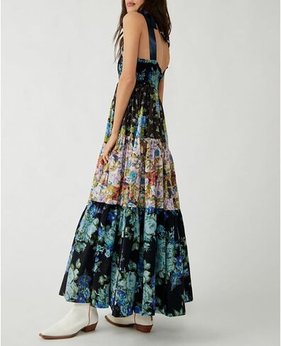 Women Floral Boho Sundress Tie Shoulder Smocked Patchwork Flowy Maxi Dresses with Pockets Summer Fall in Saudi Arabia