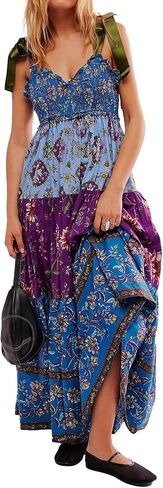 Women Floral Boho Sundress Tie Shoulder Smocked Patchwork Flowy Maxi Dresses with Pockets Summer Fall in Saudi Arabia