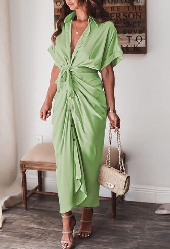 Women Elegant Satin Button Down Short Sleeve Maxi Shirt Dress with Belt in Kuwait