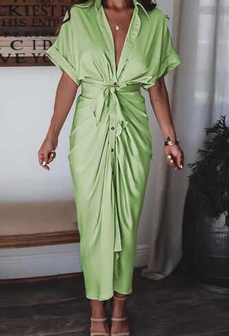 Women Elegant Satin Button Down Short Sleeve Maxi Shirt Dress with Belt in Kuwait