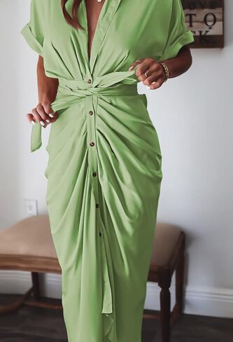 Women Elegant Satin Button Down Short Sleeve Maxi Shirt Dress with Belt in Kuwait