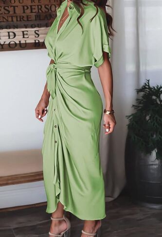 Women Elegant Satin Button Down Short Sleeve Maxi Shirt Dress with Belt in Kuwait