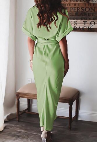 Women Elegant Satin Button Down Short Sleeve Maxi Shirt Dress with Belt in Kuwait