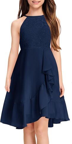 MITILLY Girls Lace Flower Ruffle Dress Chiffon Halter A Line High Low Flowy Junior Bridesmaid Dresses for Wedding Party in Saudi Arabia