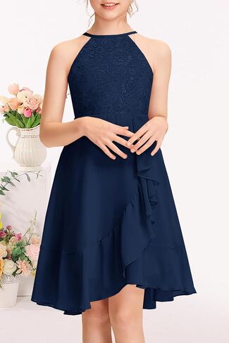 MITILLY Girls Lace Flower Ruffle Dress Chiffon Halter A Line High Low Flowy Junior Bridesmaid Dresses for Wedding Party in Saudi Arabia