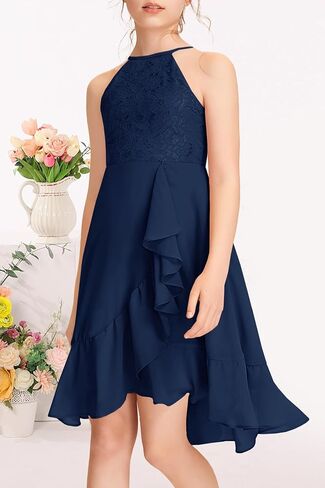 MITILLY Girls Lace Flower Ruffle Dress Chiffon Halter A Line High Low Flowy Junior Bridesmaid Dresses for Wedding Party in Saudi Arabia