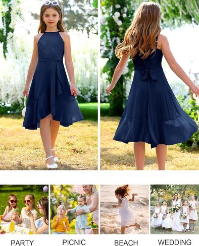 MITILLY Girls Lace Flower Ruffle Dress Chiffon Halter A Line High Low Flowy Junior Bridesmaid Dresses for Wedding Party in Saudi Arabia
