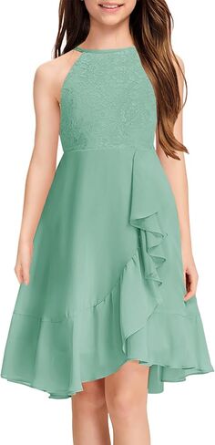 MITILLY Girls Lace Flower Ruffle Dress Chiffon Halter A Line High Low Flowy Junior Bridesmaid Dresses for Wedding Party in Saudi Arabia
