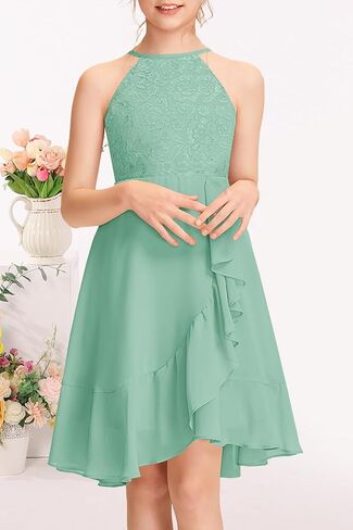 MITILLY Girls Lace Flower Ruffle Dress Chiffon Halter A Line High Low Flowy Junior Bridesmaid Dresses for Wedding Party in Saudi Arabia