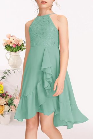 MITILLY Girls Lace Flower Ruffle Dress Chiffon Halter A Line High Low Flowy Junior Bridesmaid Dresses for Wedding Party in Saudi Arabia