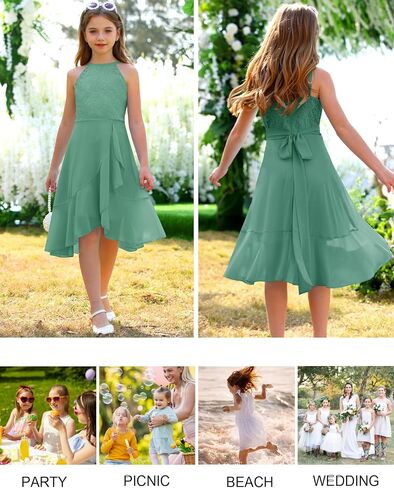 MITILLY Girls Lace Flower Ruffle Dress Chiffon Halter A Line High Low Flowy Junior Bridesmaid Dresses for Wedding Party in Saudi Arabia