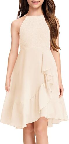 Mitilly Girls Lace Flower Dressy Dress Chiffon Halter A Line Low Low Lowy Junior Jubledrase Dresses لحفل الزفاف in Kuwait