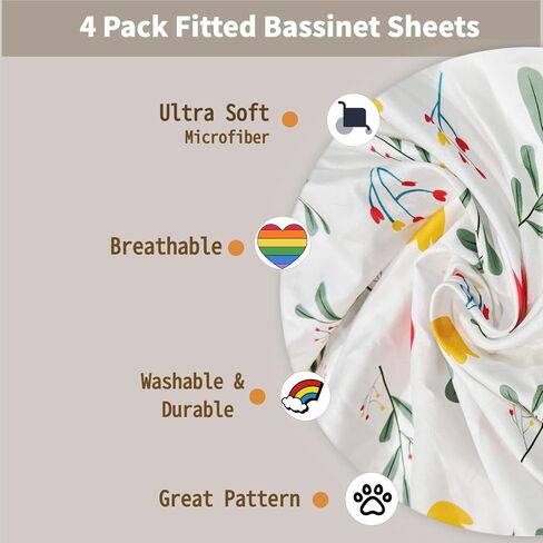 4 Pack Bassinet Fitted Sheets Compatible with 19" x 33" Koolababy, Cowiewie and IKOMZY Baby Bassinet, Soft and Skin-Friendly, Mint Green and Color Rainbow in Kuwait