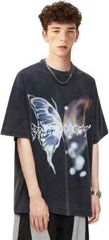 Aelfric Eden Mens Vintage Graphic Tees Y2K Irregular Butterfly Printed Tee Oversized Streetwear Casual T-Shirt in Kuwait